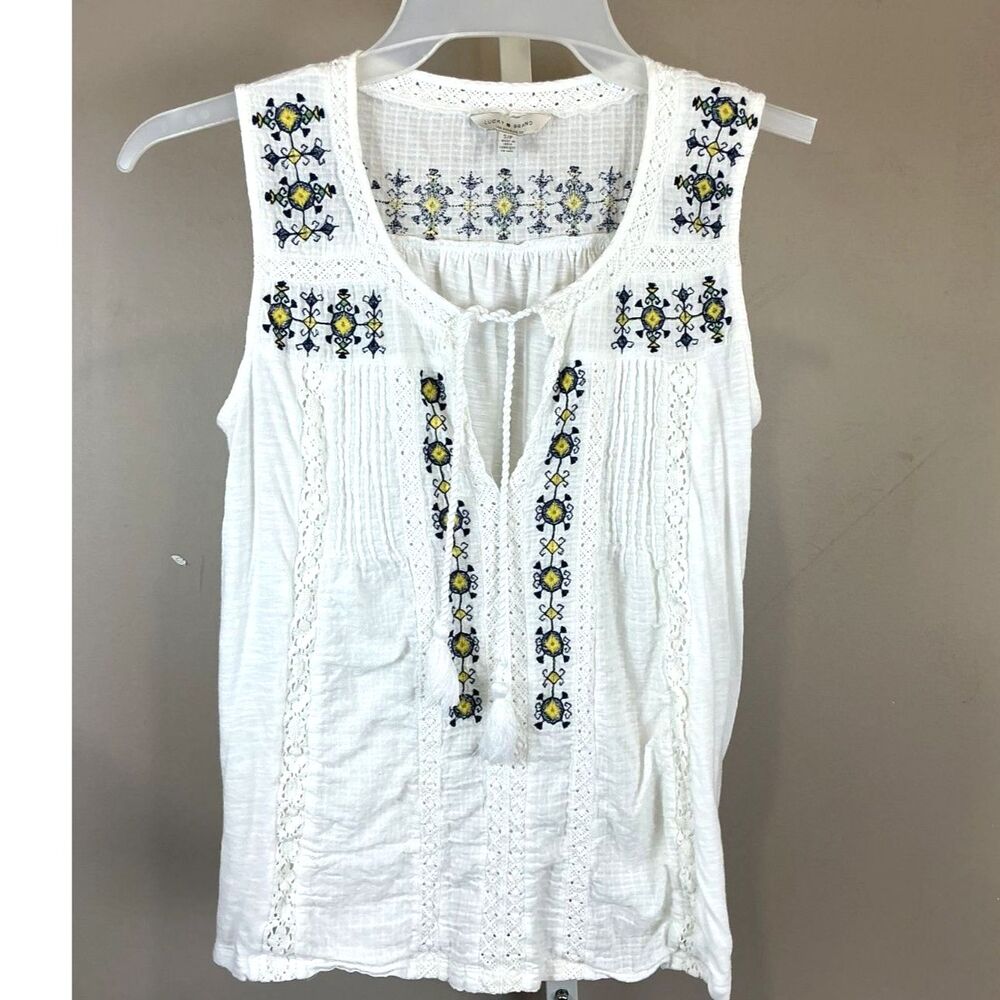 Lucky Brand Embroidered White Cotton Boho Top  S/P